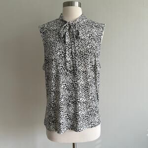 Tahari Neck Bow Blouse Keyhole Sleeveless Animal Print Black White Work Wear XL